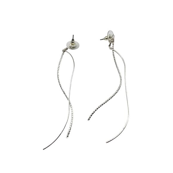 Pierced Modern Spiral Earrings Wavy Textured Sleek Silver Tone 3" Long Dangle - Picture 2 of 5